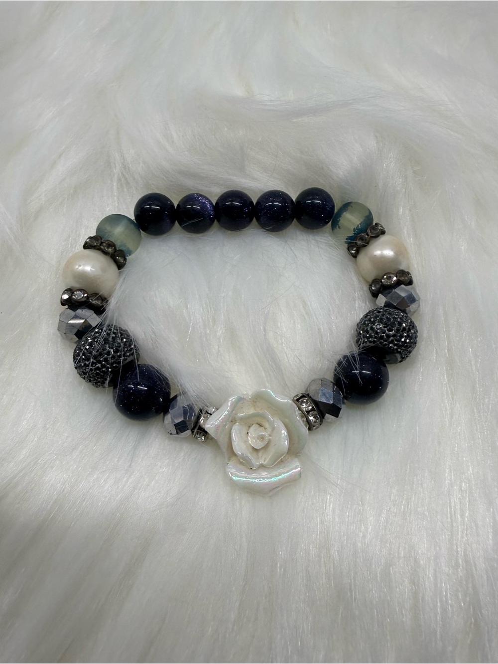 Iridescent White Rose and Navy Bead Stretch Bracelet